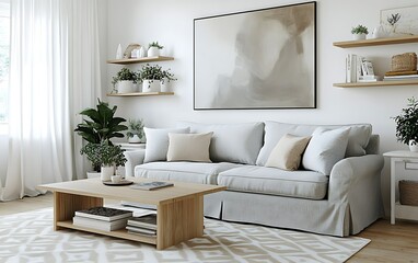 Light, airy living room with beige sofa, wooden coffee table, patterned rug, and plants on shelves.
