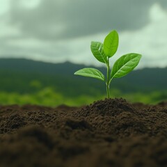 Young Plant Sprouting in Rich Soil Against Cloudy Sky