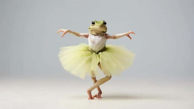 Funny image of a frog wearing a yellow tutu and standing on tiptoe like a ballerina.