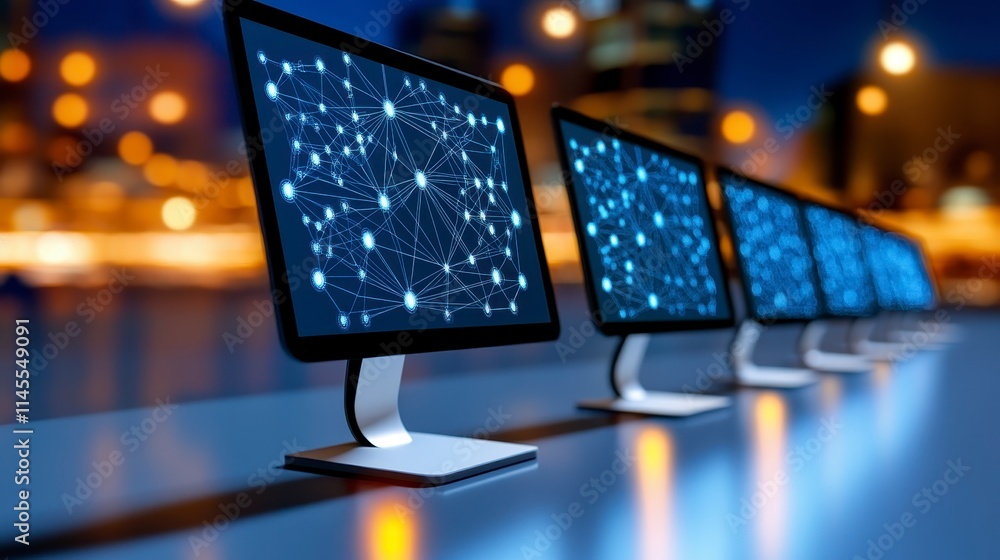 Poster a row of illuminated computer monitors displays interconnected data points, set against a blurred ci