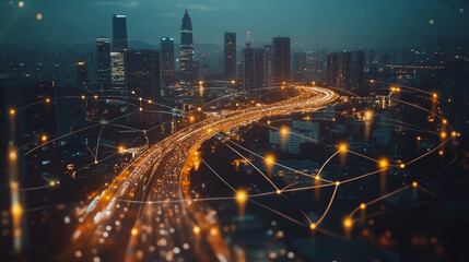 Fototapeta premium Smart digital city with connection cyber security network reciprocity over the cityscape . future smart wireless digital city and social media networking systems that connects people within the city