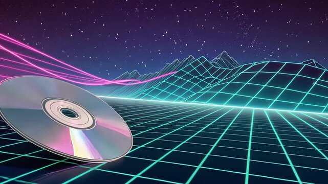 A compact disc glides smoothly in circular motion set against a retro grid landscape with neon lines illuminating the scene bringing back memories of vintage technology.