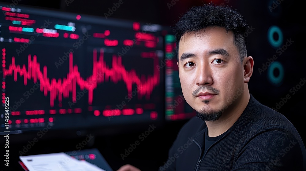 Poster a focused man analyzes data on a digital screen, showcasing vibrant red graphs and charts in a dark 