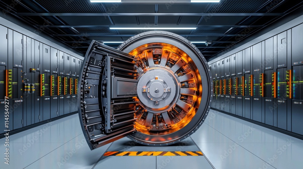 Poster high-tech vault with illuminated wheel in a modern data center featuring advanced security systems