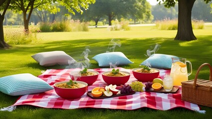 Vibrant Park Picnic: A Delicious Spread of Upma, Fresh Fruits, and Refreshing Beverages