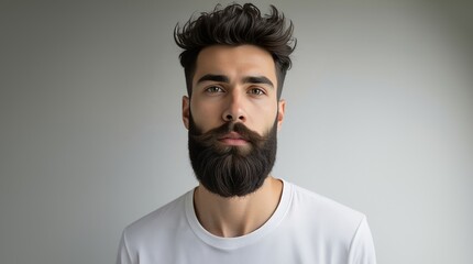 Obraz premium Barber fashion and beauty. Man with long beard and mustache on serious face. Handsome male model with beard, mustache and trendy hairdo. Beard and mustache haircut. Bearded man.