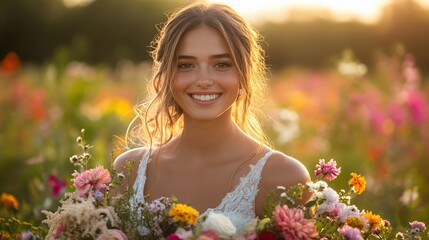 Naklejka premium Happy woman in floral field at sunset.