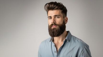 Obraz premium Closeup portrait of bearded man with classic long beard, bearded gay. Handsome male model with beard, mustache and trendy hairdo. Beard and mustache haircut. Bearded man.