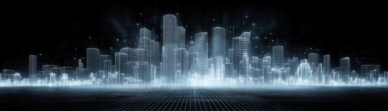 Bright futuristic wireframe city skyline glowing with digital light against a dark starry sky