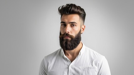 Obraz premium Closeup portrait of bearded man with classic long beard, bearded gay. Handsome male model with beard, mustache and trendy hairdo. Beard and mustache haircut. Bearded man.