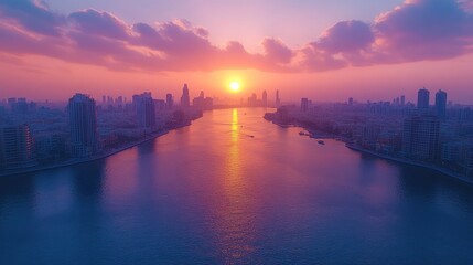 Fototapeta premium Serene sunset over a city skyline and river.