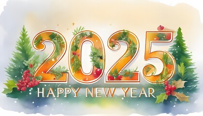 Happy New Year 2025 Celebration Greeting Card Design with Watercolor style