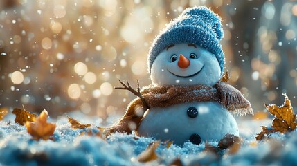 A cheerful snowman wearing a blue hat and scarf stands in falling snow, surrounded by autumn leaves and a warm, glowing background.