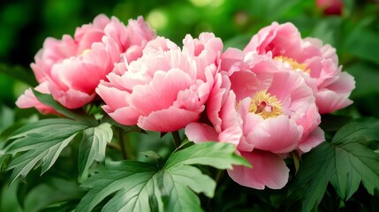 Obraz premium A cluster of pink peony blossoms with green leaves, low-angle shot, Garden serenity style