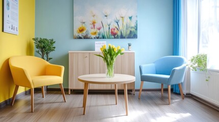 Serene Waiting Room Interior Design: Yellow and Blue Armchairs, Floral Art, and Natural Light