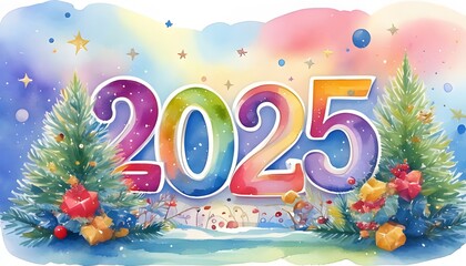 Happy New Year 2025 Celebration Greeting Card Design with Watercolor style