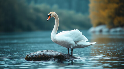 Naklejka premium Graceful Mute Swan Standing on a Rock in a Calm Lake