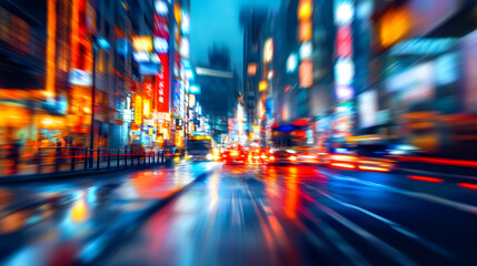 Obraz premium Urban Blur: A vibrant, neon-drenched cityscape, captured in a dynamic blur, evokes the energy and motion of a bustling metropolis.