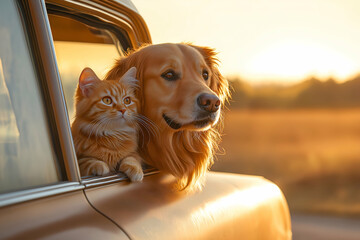 Adorable golden retriever and fluffy orange cat enjoying a road trip together at sunset, symbolizing companionship and outdoor adventure