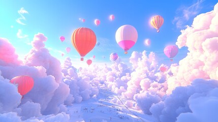 Colorful hot air balloons soar through a dreamy, cotton candy sky.