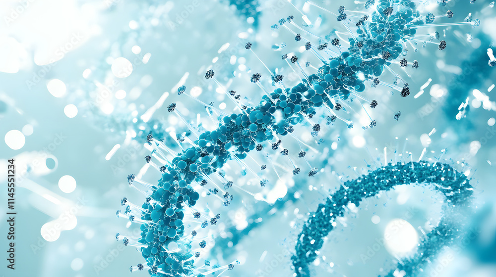 Poster a close-up image of blue, intricate strands resembling dna, surrounded by shimmering particles, evok