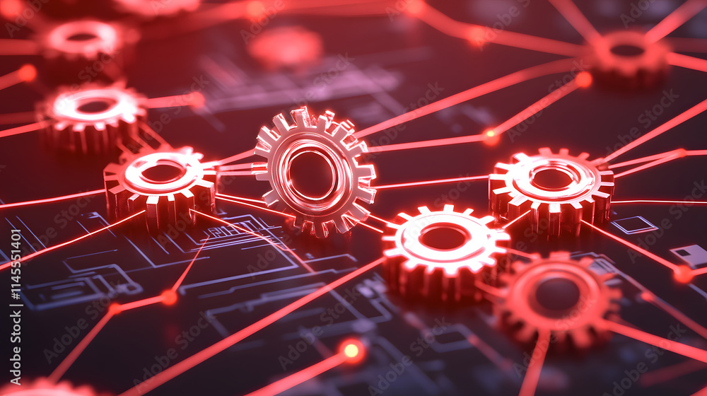 Poster A close-up view of interconnected gears illuminated in red, symbolizing technology and networking within a digital landscape