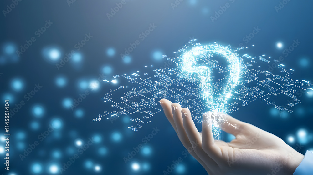 Poster a glowing question mark is held in a hand, symbolizing inquiry, curiosity, and the search for answer