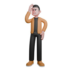Film Director Cartoon Professional Creative 3D Model. A male director stands with his left hand on his waist, and his right hand holds his head, expression forgetting. Illustration Design