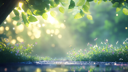 Sunlit Forest: A tranquil forest scene with glistening dew on the foliage, bathed in the warm glow of morning sunlight. The scene evokes a sense of serenity and peace.