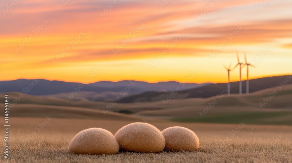 Poster the image features three large, spherical objects in a grassy field at sunset, with wind turbines vi