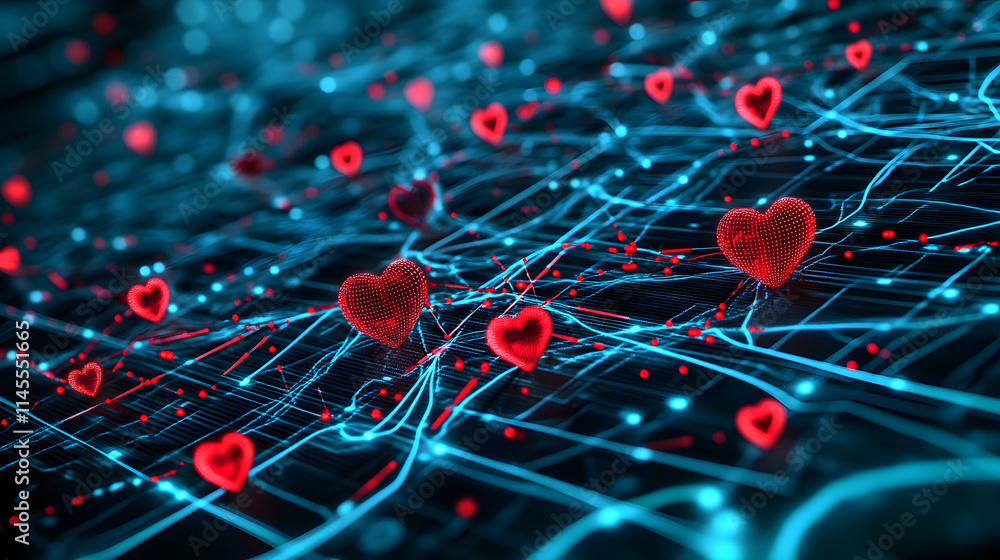 Poster A vibrant digital representation of interconnected networks, featuring glowing red hearts symbolizing love and connection within a tech-inspired backdrop