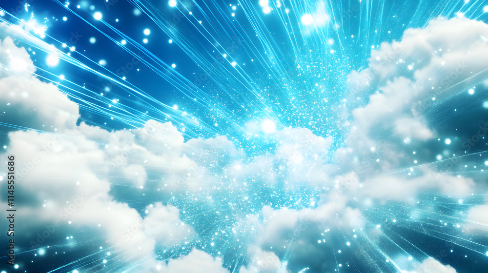 Poster a vibrant sky filled with radiant beams of light and fluffy clouds, creating a dreamy and ethereal a
