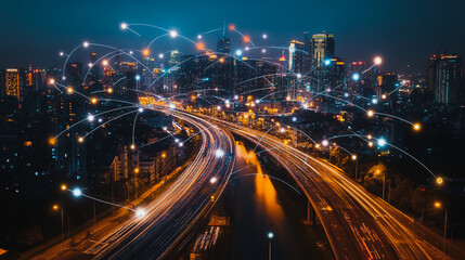 Fototapeta premium Smart digital city with connection cyber security network reciprocity over the cityscape . future smart wireless digital city and social media networking systems that connects people within the city