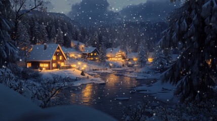 Fototapeta premium A serene snowy village with glowing lights reflecting on freshly fallen snow