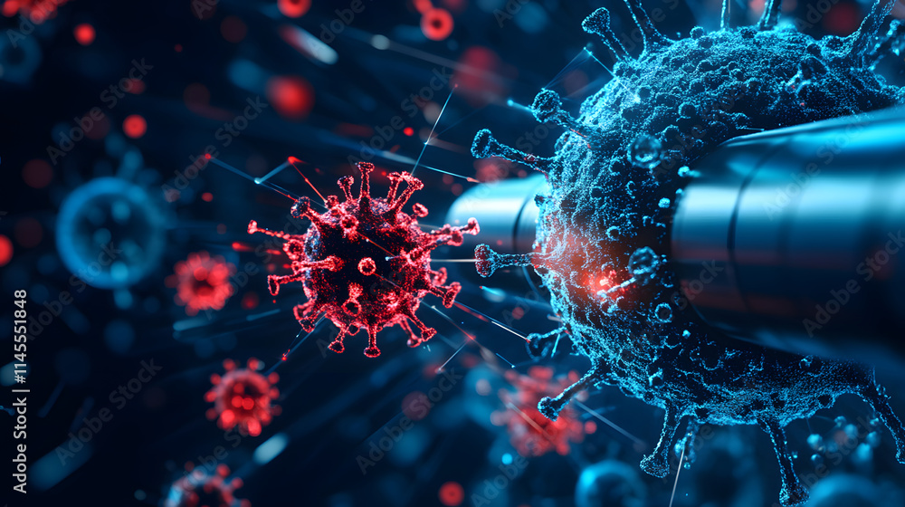 Poster a vivid depiction of a virus interacting with a syringe, showcasing the intricate details of viral s