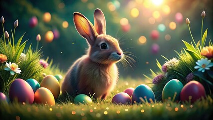 Fototapeta premium A whimsical Easter bunny amidst vibrant eggs, nestled in surreal spring grass, a magical artistic fantasy.
