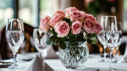 A cluster of pink roses in a crystal vase on an elegant dining table, medium shot, Formal style