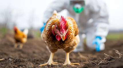 A close-up photo of a chicken on a farm with a person in protective gear tending to the flock, emphasizing animal care.