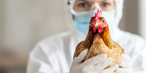 A person in protective gear holds a healthy chicken, highlighting biosecurity in poultry farming and animal health practices.