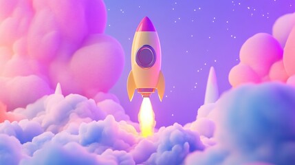 An enchanting cartoon-style rocket ship ascending, embodying goal achievement and aspirations
