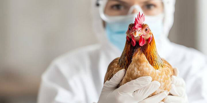 A person in protective gear holds a healthy chicken, highlighting biosecurity in poultry farming and animal health practices.