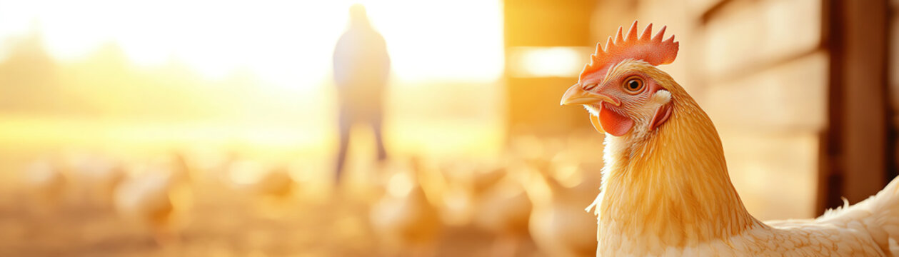 A serene morning on a farm featuring a close-up of a chicken with sunlit surroundings and distant farmer. Nature in harmony.