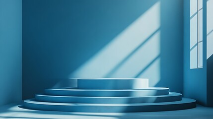 Blue circular podium in a minimalist room with sunlight streaming through a window.