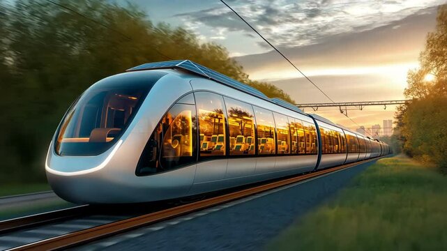 The futuristic eco friendly electric train is equipped with advanced regenerative braking technology, solar panels on the roof for sustainable energy generation