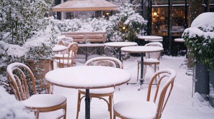 Obraz premium A snowy outdoor cafe scene with tables and chairs covered in a soft blanket of snow