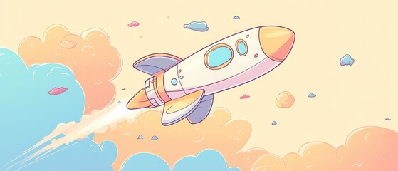 An enchanting cartoon-style rocket ship ascending, embodying goal achievement and aspirations