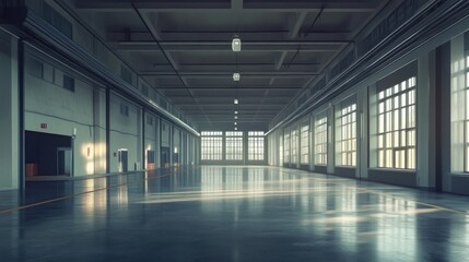 Obraz premium Vast Industrial Interior: Sunlight Illuminates Empty Factory Space