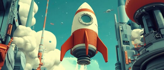 An enchanting cartoon-style rocket ship ascending, embodying goal achievement and aspirations