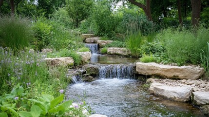 Naklejka premium Gentle Winding Stream Flowing Through Lush Green Forest Landscape