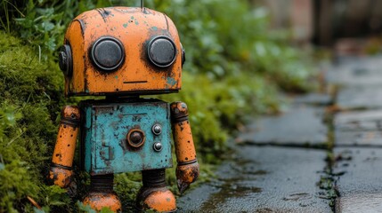 Fototapeta premium Vintage robot toy in a lush outdoor setting.